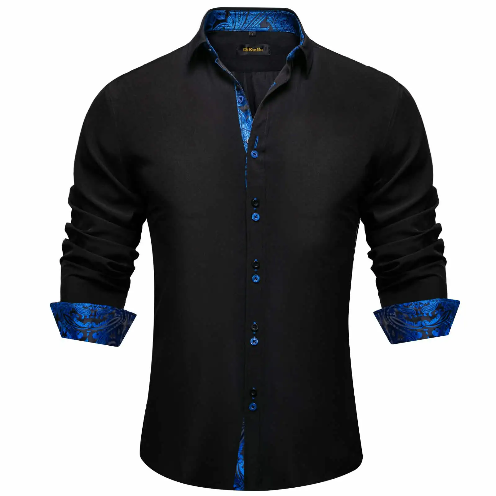 Black button-up shirt with blue patterned collar and cuff details