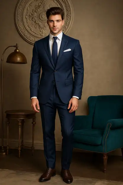 Man wearing a navy three-piece suit with a dark tie