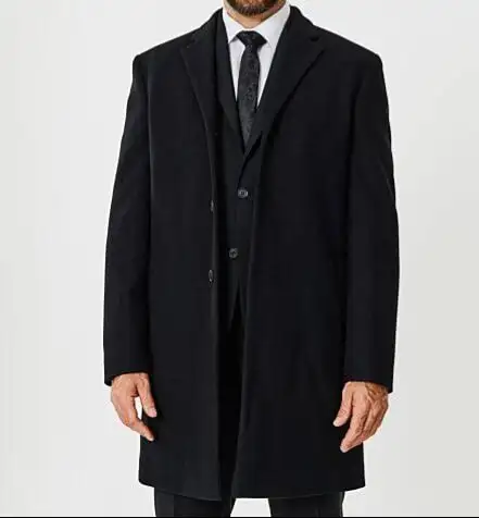 Black overcoat worn over a white shirt and black tie