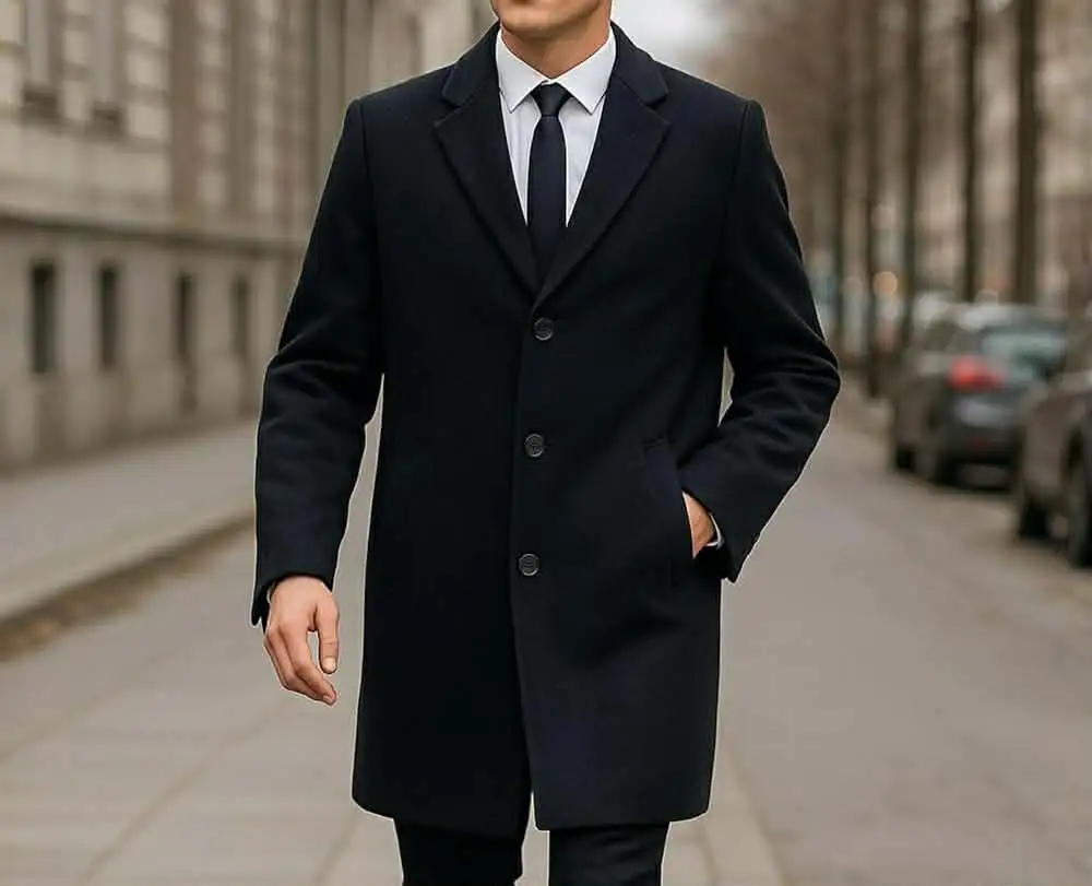 Man wearing a black overcoat with a white shirt and black tie
