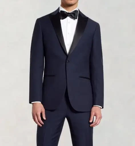 Navy tuxedo with a white shirt and black bow tie