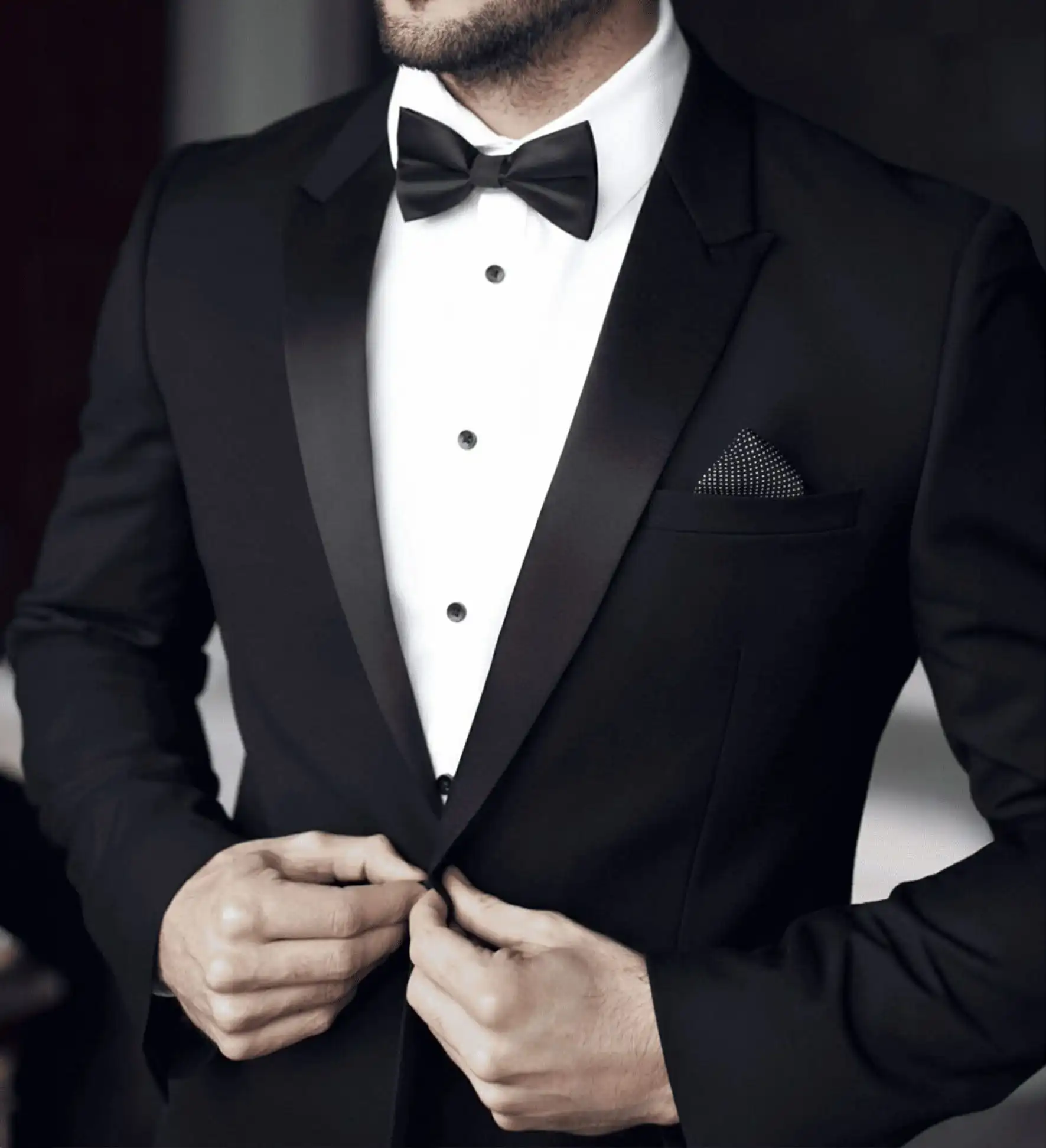 Close-up of a black tuxedo jacket, white shirt and black bow tie