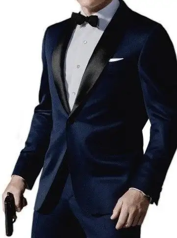 Deep blue tuxedo with black lapels and a black bow tie