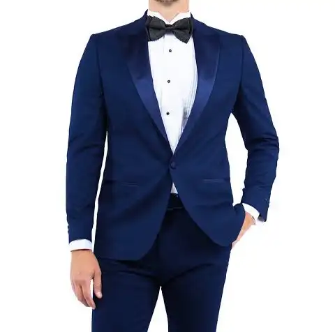 Blue tuxedo with a white shirt and black bow tie