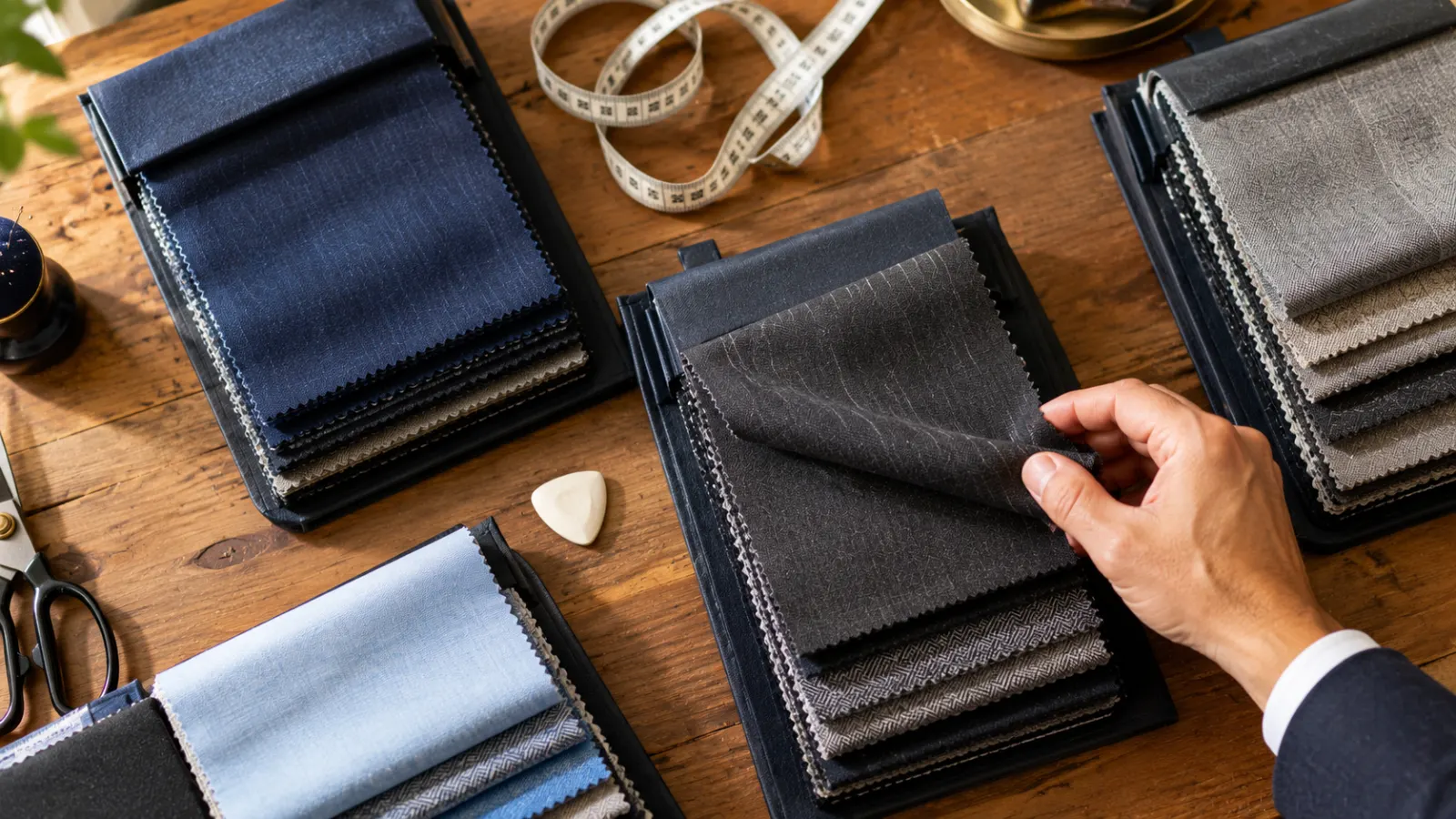 Choosing cloth for custom-made suits in Bangkok from fabric swatches
