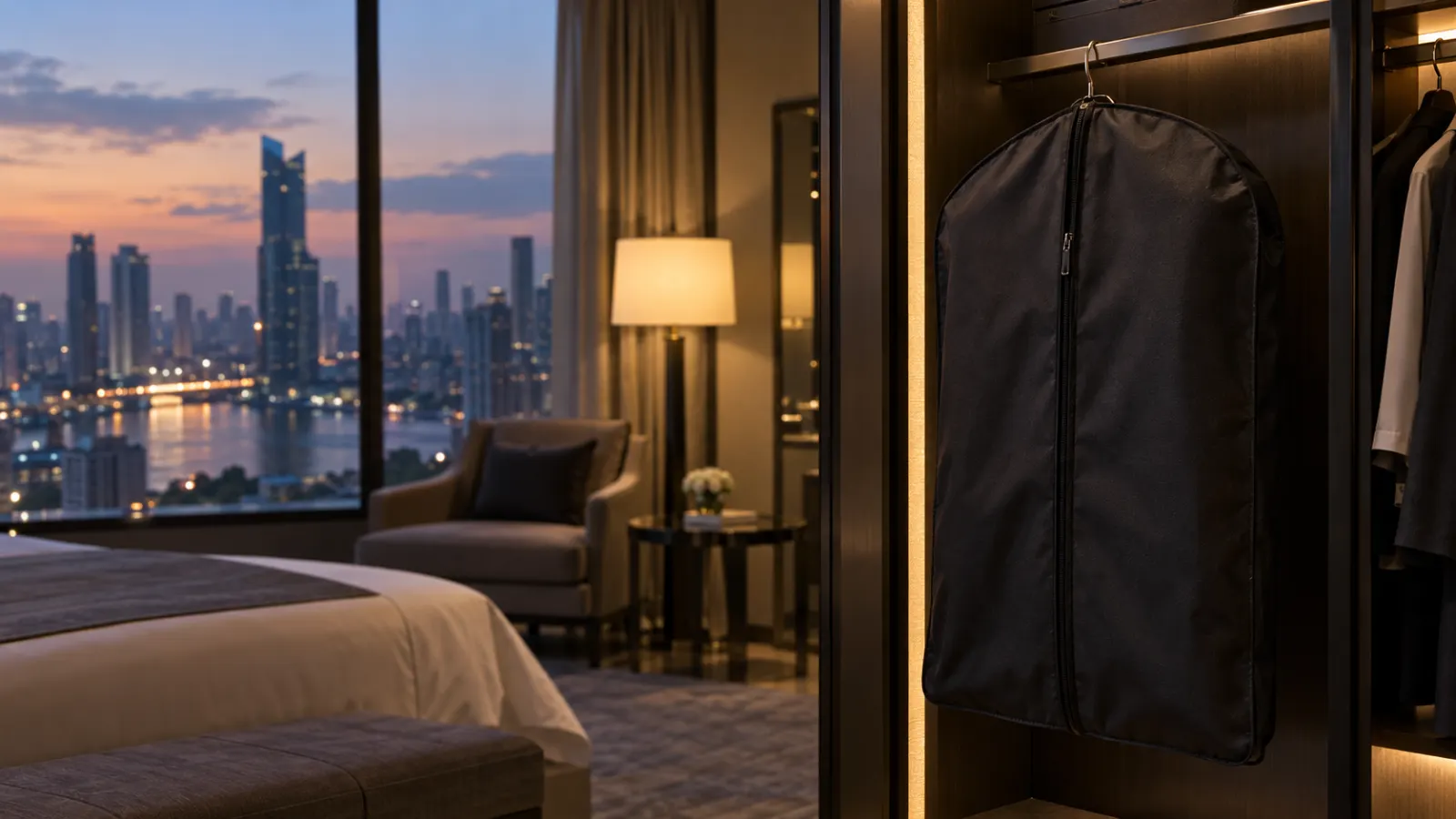 Finished express suit in a garment bag delivered to a Bangkok hotel