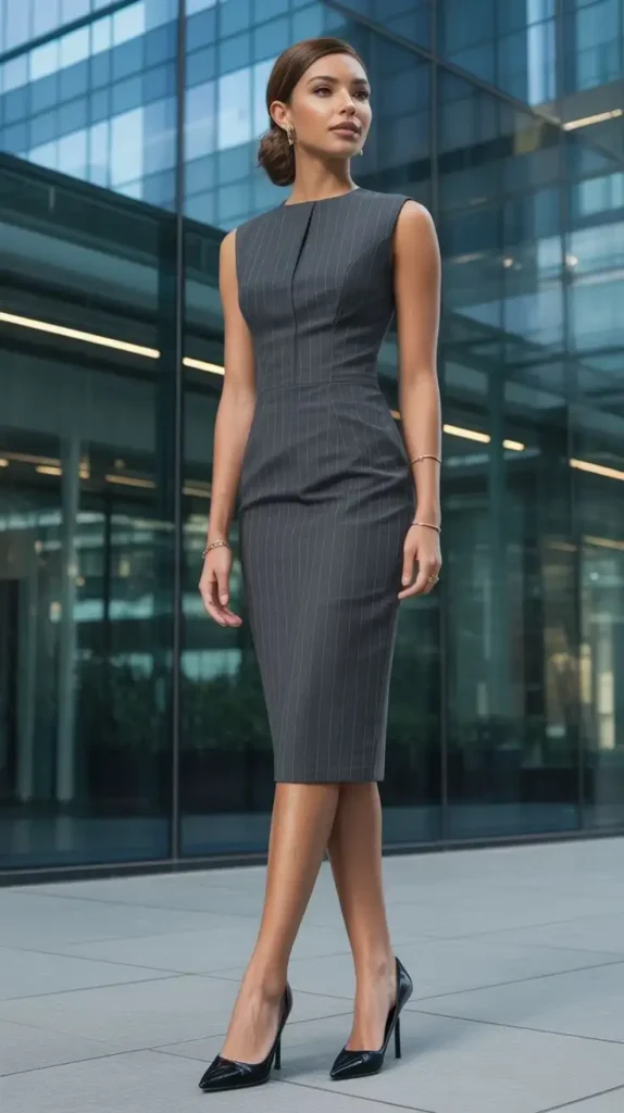Female model wearing grey pinstripe sleeveless knee-length sheath dress with tailored fit, paired with black pointed high heels, standing in modern office building – bespoke women's professional dress