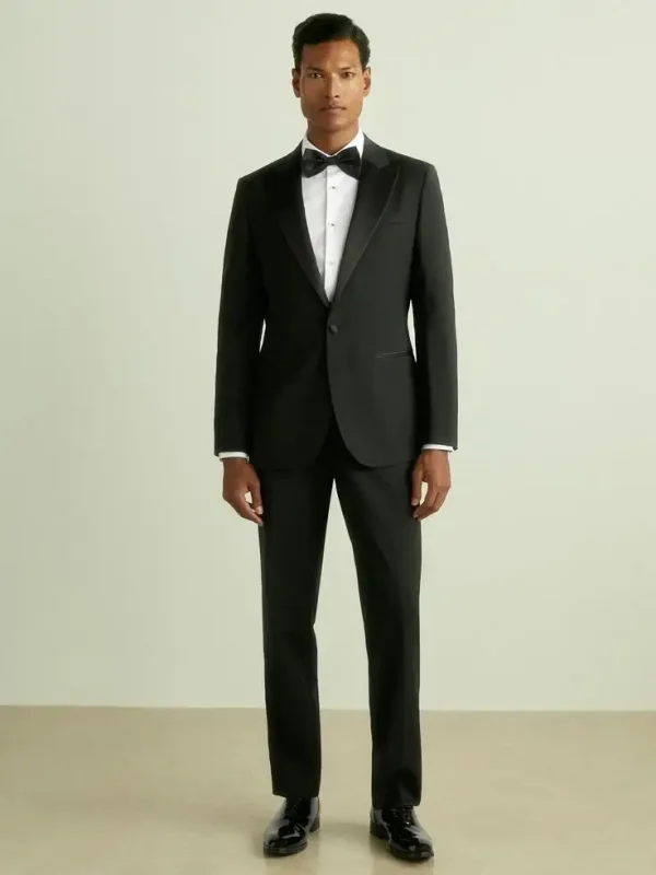 Classic black tuxedo with bow tie designed for formal occasions
