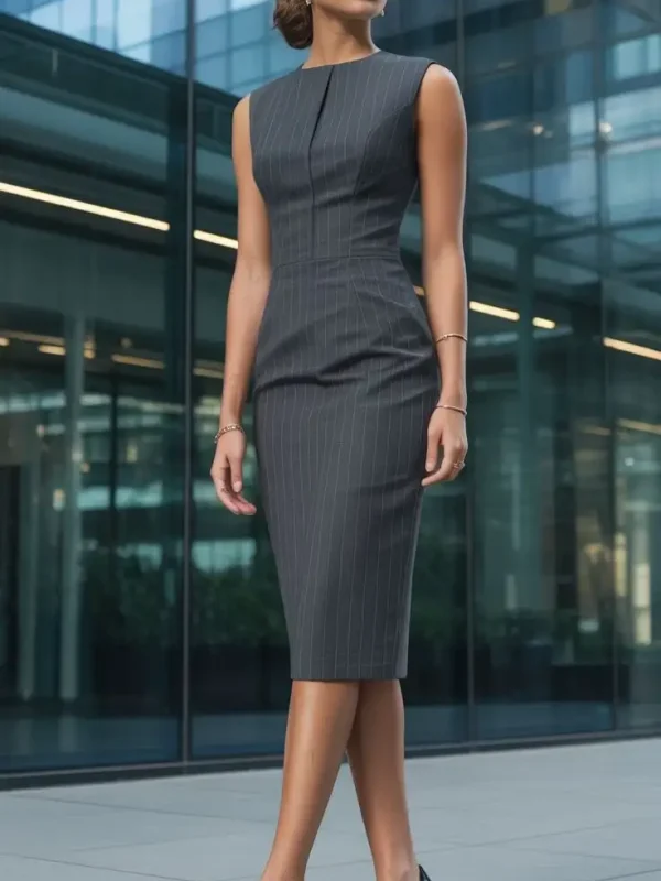 Female model wearing grey pinstripe sleeveless knee-length sheath dress with tailored fit, paired with black pointed high heels, standing in modern office building – bespoke women's professional dress